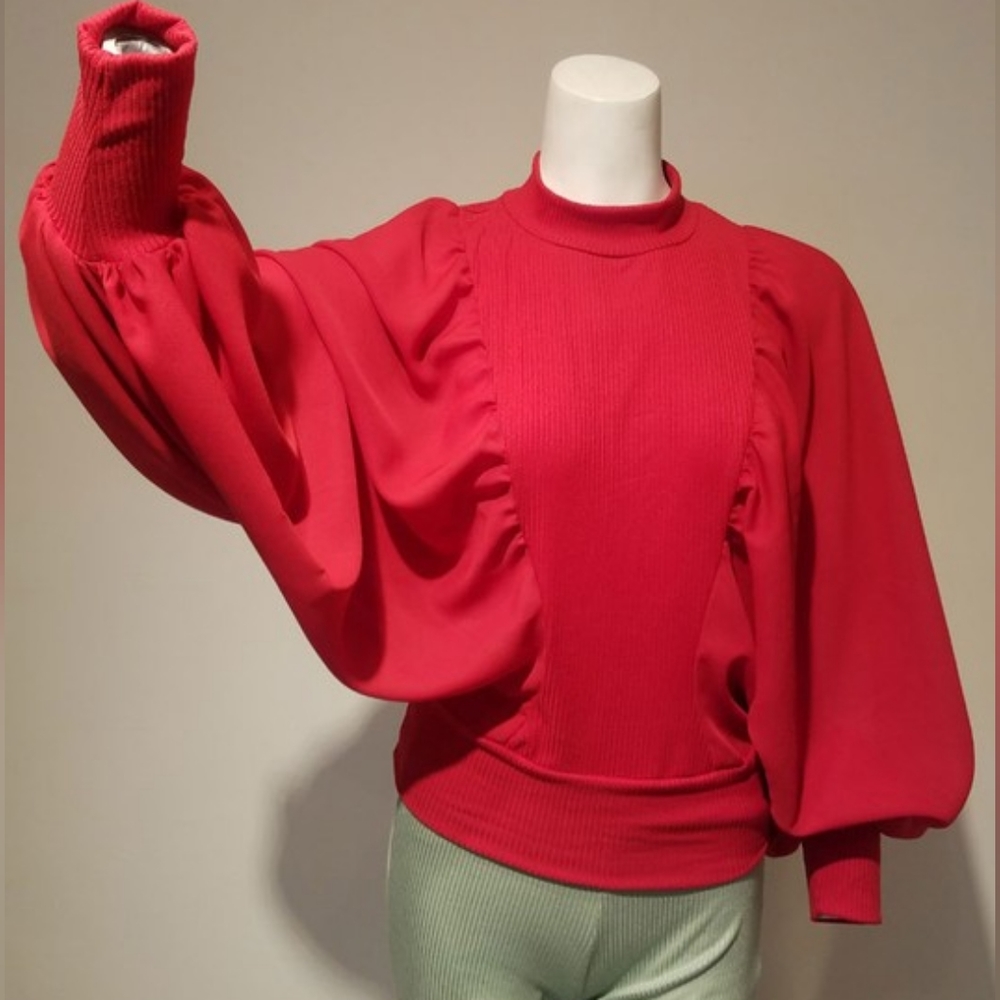 Red Bishop Sleeve Shirred Top